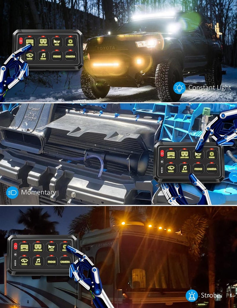 Chelhead 12V Switch Panel 8 Gang RGB Led 3 Button Touch Control Panel Box with Momentary Dimmable Strobe Function Compatible with Trucks Jeep Boat Marine SUV Caravan UTV Pickup - Image 3